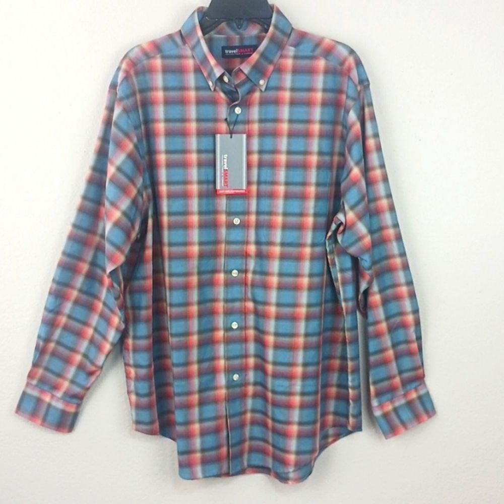 Round Tree & York Men smart  blue brown red plaid long sleeve button up shirt L